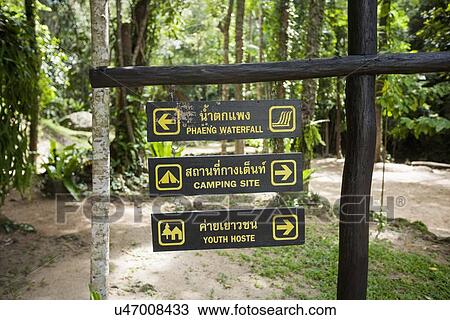 Stock Image - Place signs hanging on signpost, Koh Pha Ngan, Thailand. Fotosearch