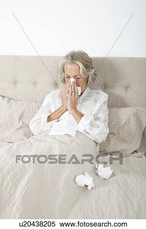 Unwell senior woman blowing nose in bed View Large Photo Image Stock Photography - Unwell senior woman blowing nose in bed. Fotosearch