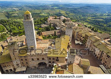 Stock Image - Aerial view of San Gimignano, Tuscany, Italy. Fotosearch