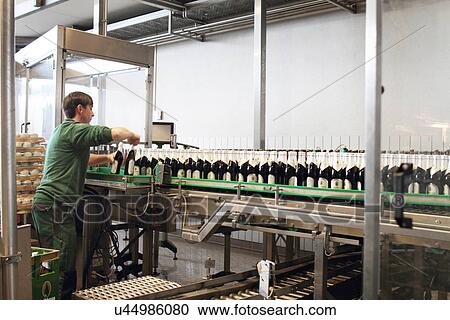 Brewery worker operating bottling machine View Large Photo Image Stock Image - Brewery worker operating bottling machine. Fotosearch