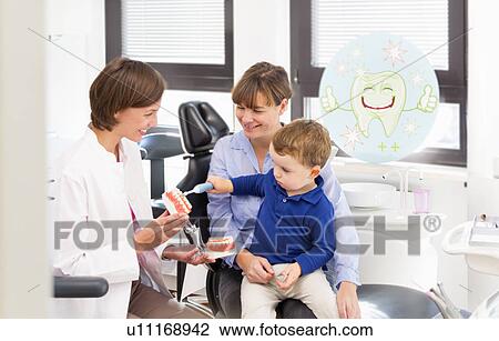 Stock Image - Dentist teaching boy on mothers lap how to brush teeth. Fotosearch