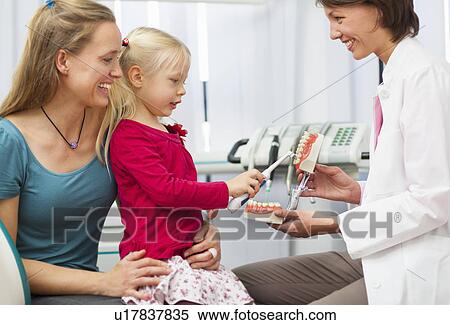 Dentist teaching girl on mothers lap how to brush teeth View Large Photo Image Stock Photography - Dentist teaching girl on mothers lap how to brush teeth. Fotosearch