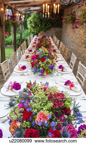 Elevated View Of Long Table At Wedding Reception Stock Photo