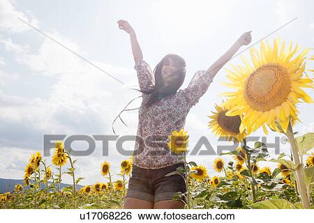 Stock Photograph - Mid adult woman in field of sunflowers. Fotosearch
