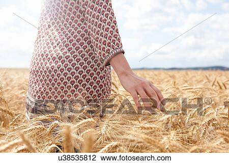 Stock Image - Mid section of woman in wheat field. Fotosearch