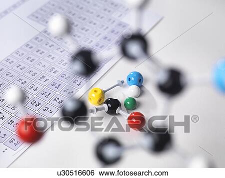Molecular model next to periodic table on lab bench View Large Photo Image Stock Photograph - Molecular model next to periodic table on lab bench. Fotosearch