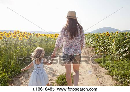 Mother and daughter walking through field of sunflowers View Large Photo Image Stock Photography - Mother and daughter walking through field of sunflowers. Fotosearch
