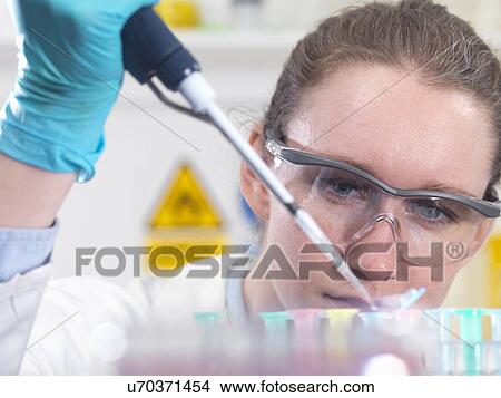 Picture - Scientist pipetting sample into an eppendorf vial in laboratory. Fotosearch