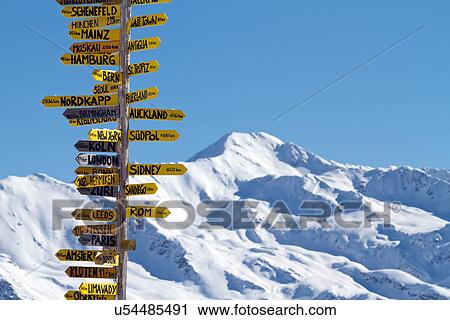 Stock Image - Travellers' sign in Davos, Switzerland. Fotosearch