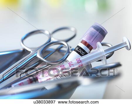 Tray containing medical equipment and blood sample in doctors surgery View Large Photo Image Stock Photo - Tray containing medical equipment and blood sample in doctors surgery. Fotosearch