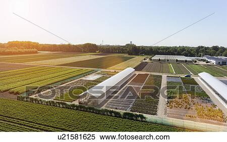 Stock Photography - View of fields and greenhouses, Munich, Bavaria, Germany. Fotosearch