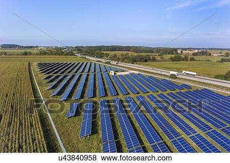 Stock Photo - View of solar power panels, Munich, Bavaria, Germany. Fotosearch