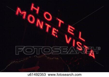 Stock Image - Neon sign for Hotel Monte Vista Hotel, Flagstaff Arizona. Fotosearch
