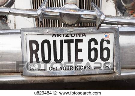 Stock Image - Route 66 license plate, Seligman, Arizona. Fotosearch