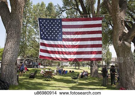 US Flag stretched between trees in Town Park of Ridgway Colorado View Large Photo Image Picture - US Flag stretched between trees in Town Park of Ridgway Colorado. Fotosearch