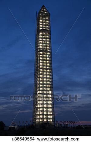 Picture - Washington Memorial with Scaffolding at sunset, Washington D. C.. Fotosearch