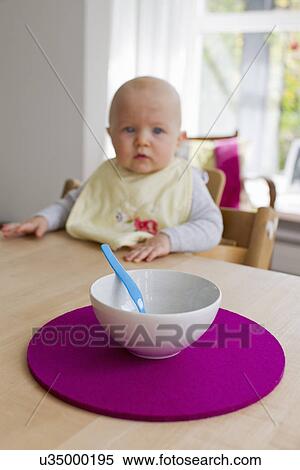 Baby girl staring at empty bowl and spoon View Large Photo Image Stock Photography - Baby girl staring at empty bowl and spoon. Fotosearch