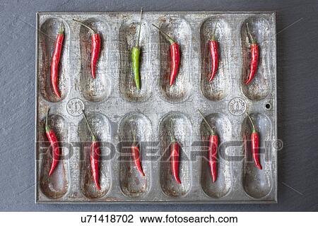 Large group of red chillies and one green chilli ordered in baking tin View Large Photo Image Stock Image - Large group of red chillies and one green chilli ordered in baking tin. Fotosearch