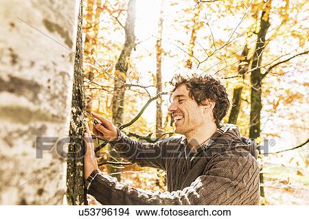 Picture - Man carving into tree trunk with penknife. Fotosearch