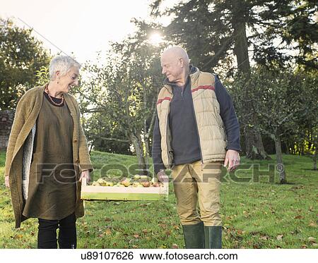 Stock Photograph - Senior couple carrying crate of apples. Fotosearch