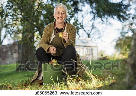 Senior woman holding apple from bucket View Large Photo Image Stock Image - Senior woman holding apple from bucket. Fotosearch