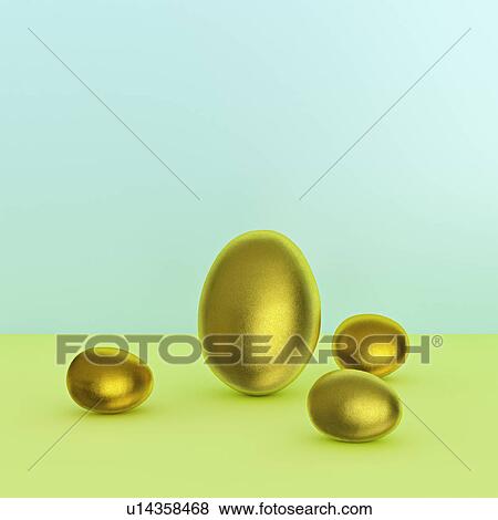 Stock Photo - Still life of one large and three small golden eggs. Fotosearch
