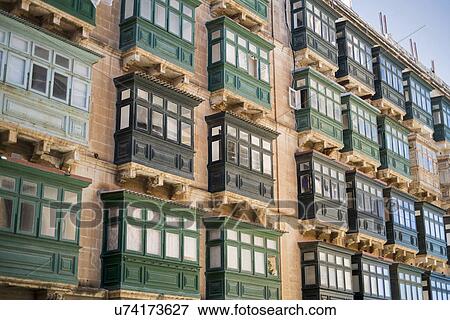 Stock Photo - Typical balconies, Valletta, Malta. Fotosearch
