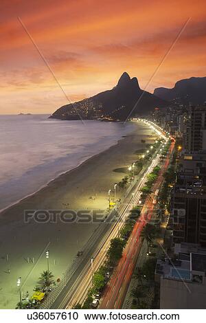 Stock Image - View of Ipanema beach at night, Rio De Janeiro, Brazil. Fotosearch