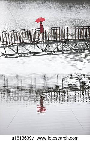 Young woman in red crossing footbridge in rain View Large Photo Image Stock Photo - Young woman in red crossing footbridge in rain. Fotosearch