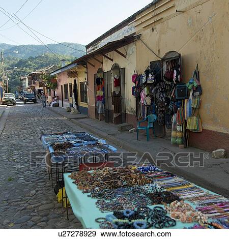 Stock Photo - Bead necklaces for sale at market stall, Barrio El Centro, Copan, Copan Ruinas, Honduras. Fotosearch