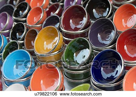 Stock Photograph - Close-up of colorful bowls for sale at market stall, Medina, Marrakesh, Morocco. Fotosearch