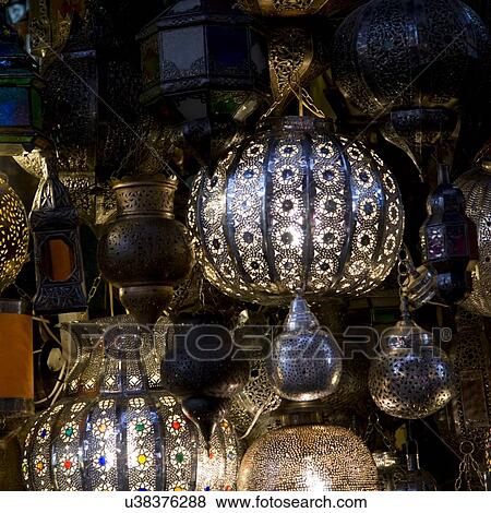 Display of lanterns for sale at market stall, Medina, Marrakesh, Morocco View Large Photo Image Stock Photo - Display of lanterns for sale at market stall, Medina, Marrakesh, Morocco. Fotosearch