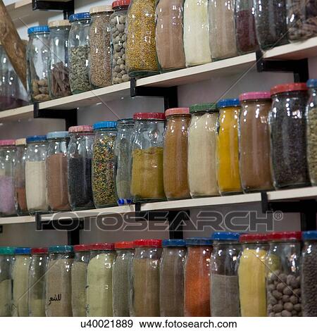 Display of spice jars, Medina, Marrakesh, Morocco View Large Photo Image Stock Photo - Display of spice jars, Medina, Marrakesh, Morocco. Fotosearch