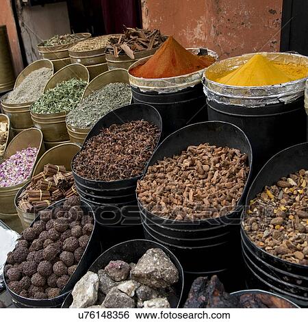 Display of various spices in the spice market, Medina, Marrakesh, Morocco View Large Photo Image Stock Photograph - Display of various spices in the spice market, Medina, Marrakesh, Morocco. Fotosearch
