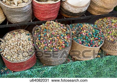 Dried food and spices for sale at a market stall, Medina, Marrakesh, Morocco View Large Photo Image Stock Image - Dried food and spices for sale at a market stall, Medina, Marrakesh, Morocco. Fotosearch