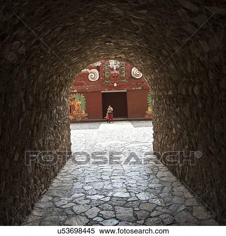 Stock Photography - Entrance way to the archaeological museum through a tunnel, Copan, Copan Ruinas, Honduras. Fotosearch