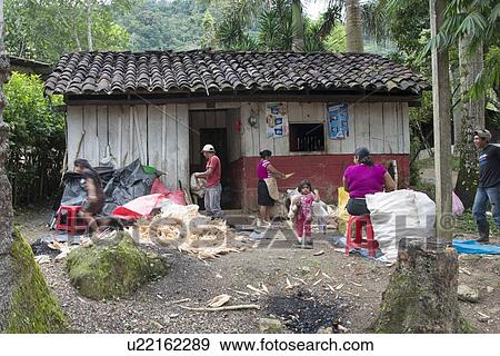 Stock Photo - Farmers working outside their house, Finca El Cisne, Honduras. Fotosearch