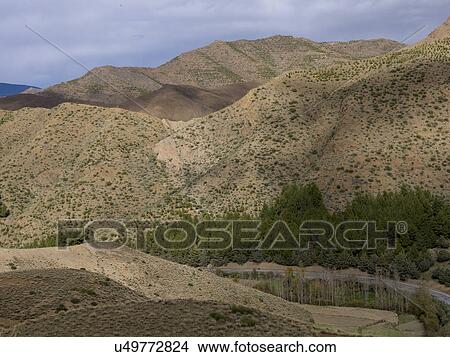 Picture - High angle view of valley with mountain pass, Tizi n'Tichka, Atlas Mountains, Morocco. Fotosearch