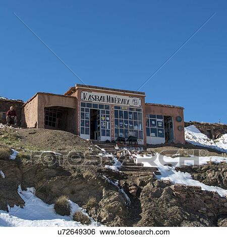 Stock Photograph - Kasbah Mineraux souvenir shop at Tizi n'Tichka, Atlas Mountains, Morocco. Fotosearch