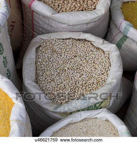Stock Photo - Lentils and beans for sale in a souk, Arset El Maach, Marrakesh, Morocco. Fotosearch