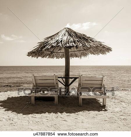 Picture - Lounge chairs with sunshade on the beach, Bay Islands, Honduras. Fotosearch