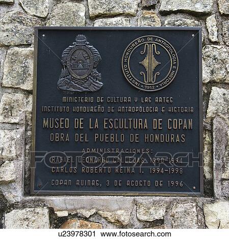 Stock Image - Plaque at archaeological museum, Copan, Copan Ruinas, Honduras. Fotosearch
