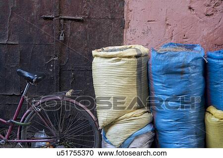 Sacks of food for sale at market stall, Medina, Marrakesh, Morocco View Large Photo Image Stock Image - Sacks of food for sale at market stall, Medina, Marrakesh, Morocco. Fotosearch