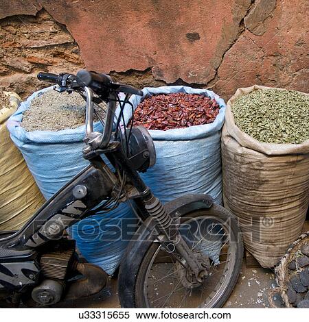 Sacks of food for sale at market stall, Medina, Marrakesh, Morocco View Large Photo Image Stock Photography - Sacks of food for sale at market stall, Medina, Marrakesh, Morocco. Fotosearch