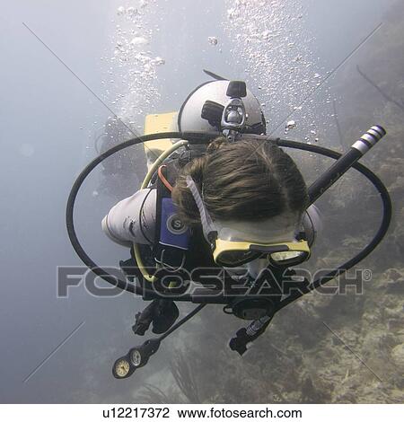 Stock Image - Scuba diver underwater, Utila, Bay Islands, Honduras. Fotosearch