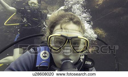 Stock Image - Scuba divers underwater, Utila, Bay Islands, Honduras. Fotosearch