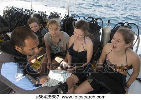 Scuba divers watching picture of sea animals on tourboat, Utila, Bay Islands, Honduras View Large Photo Image Stock Photo - Scuba divers watching picture of sea animals on tourboat, Utila, Bay Islands, Honduras. Fotosearch