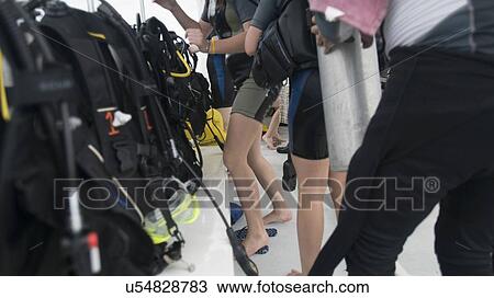 Stock Image - Scuba divers with scuba equipment on boat, Utila, Bay Islands, Honduras. Fotosearch