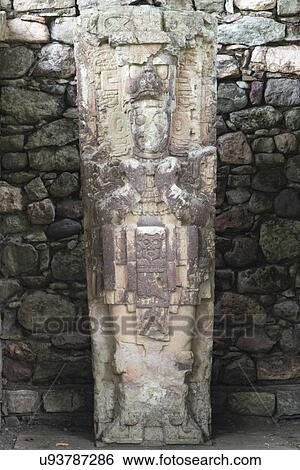 Stock Photograph - Sculpture at an archaeological site, Copan, Copan Ruinas, Copan Department, Honduras. Fotosearch