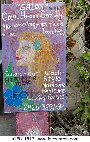 Stock Image - Sign of a beauty salon, Utila Island, Bay Islands, Honduras. Fotosearch